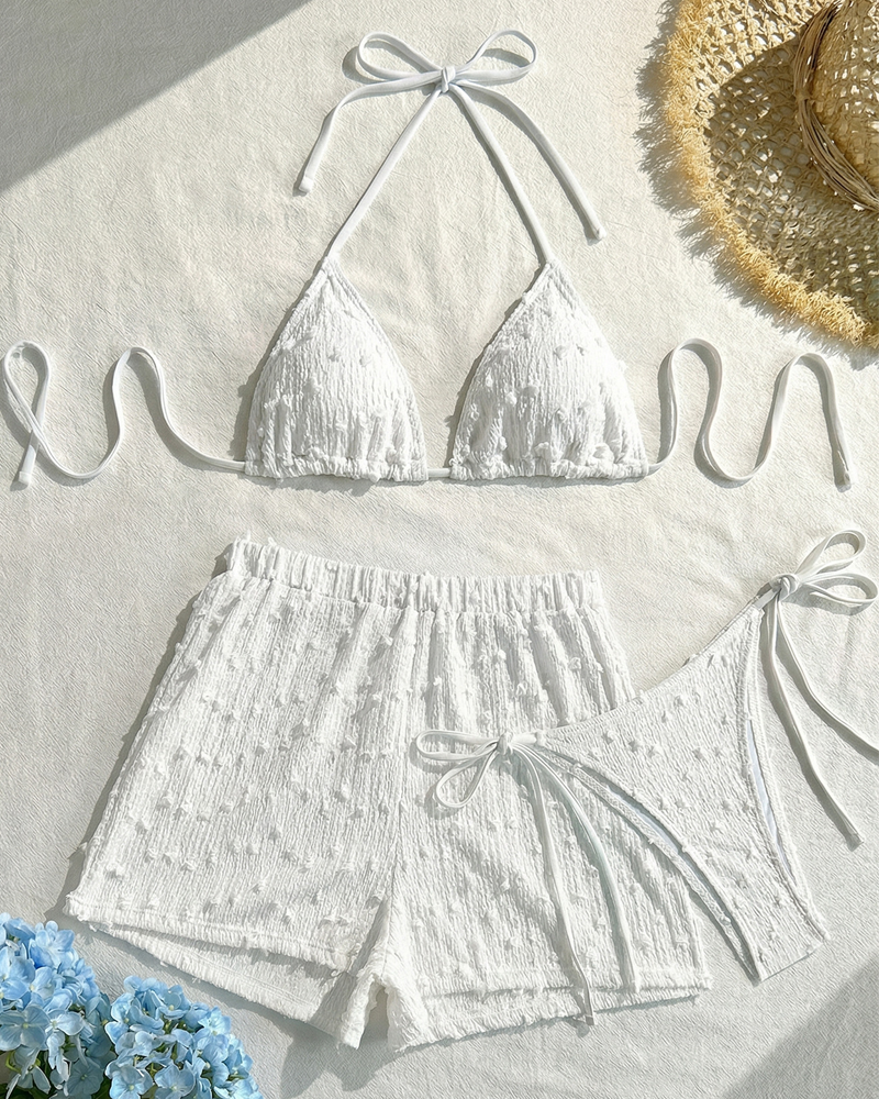 Conjunto de Bikini Halter Sólido Minimalista con Shorts