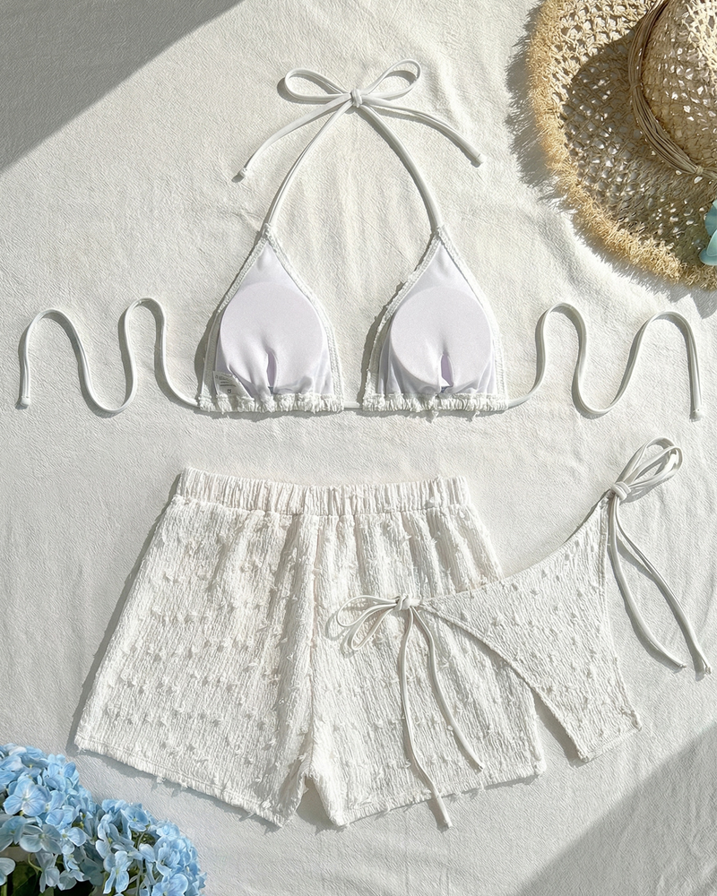 Conjunto de Bikini Halter Sólido Minimalista con Shorts