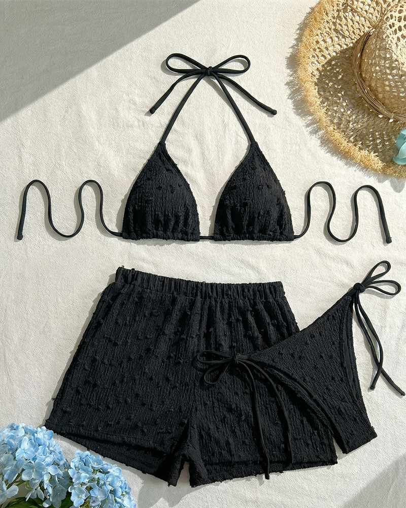 Conjunto de Bikini Halter Sólido Minimalista con Shorts