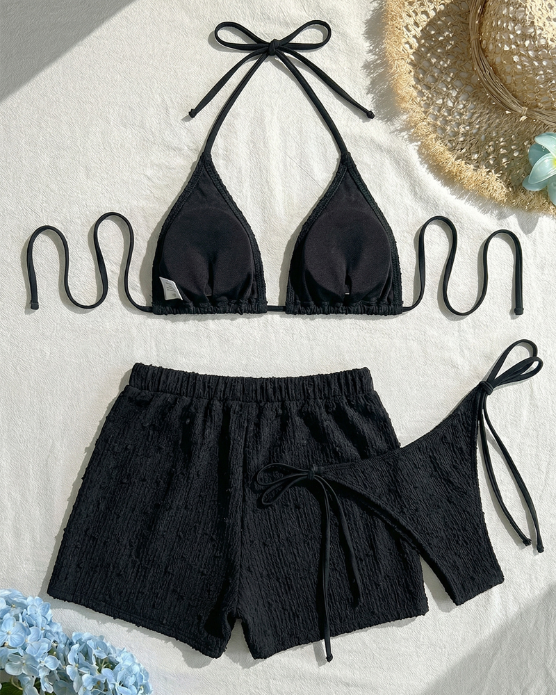 Conjunto de Bikini Halter Sólido Minimalista con Shorts