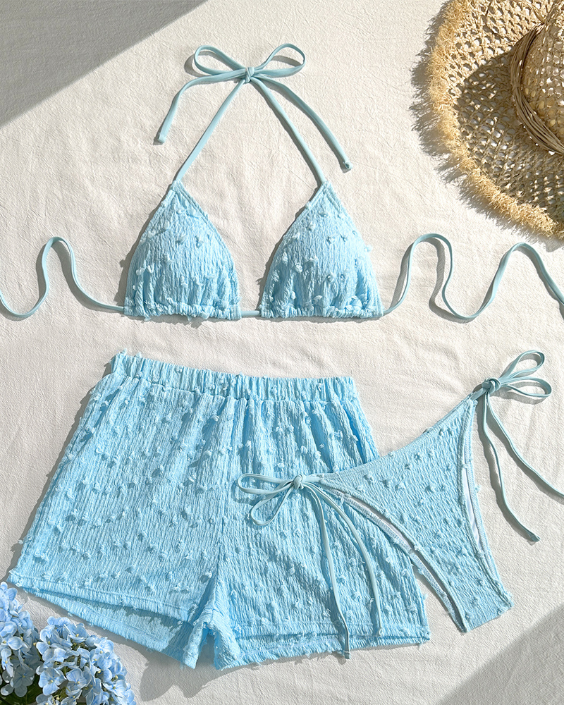 Conjunto de Bikini Halter Sólido Minimalista con Shorts
