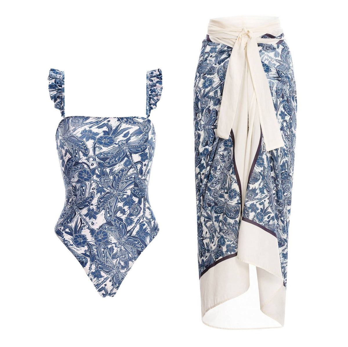 Conjunto de Bañador y Sarong con Diseño de Libélula Azul