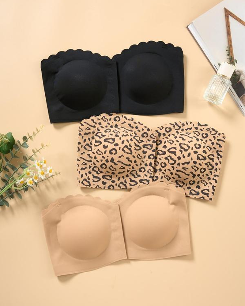 Sostén sin tirantes de color sólido con estampado de leopardo, borde festoneado decorativo y hebilla frontal sin anillo de acero