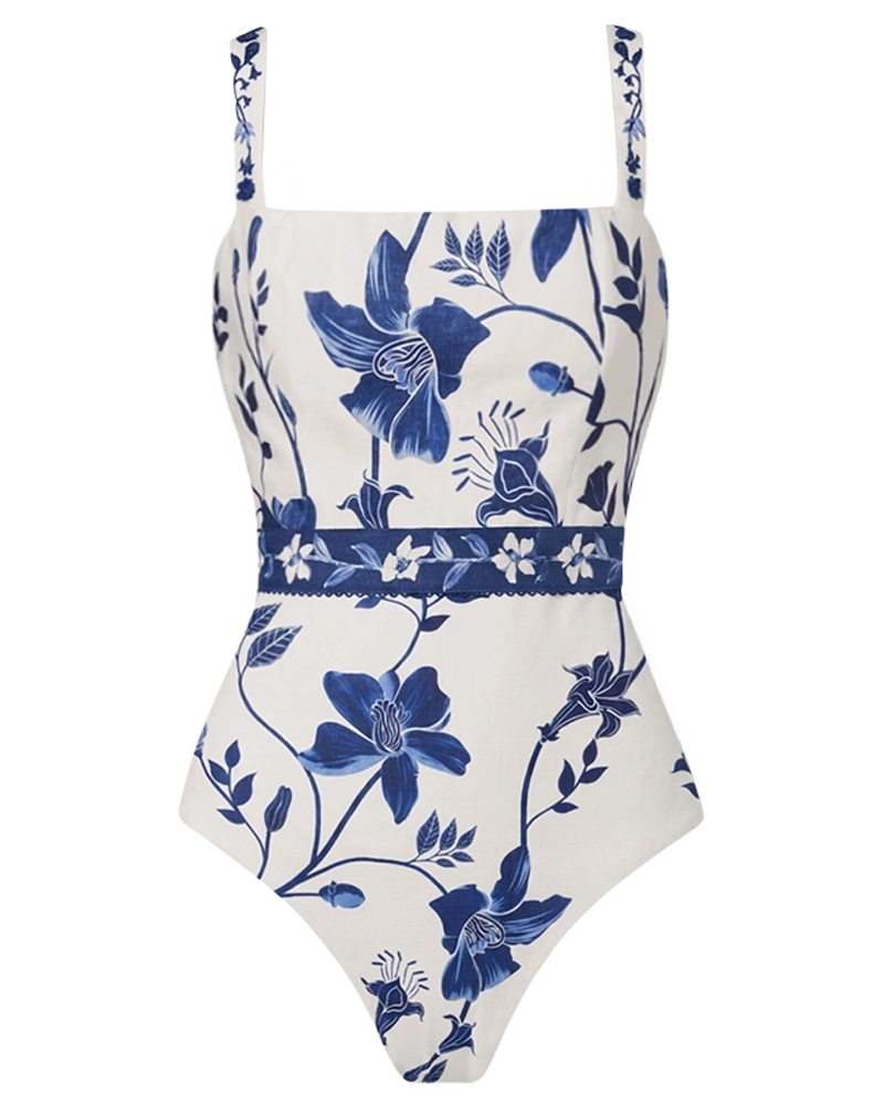 Conjunto de Bañador con Tirantes Ajustables en Diseño Floral Azul y Blanco