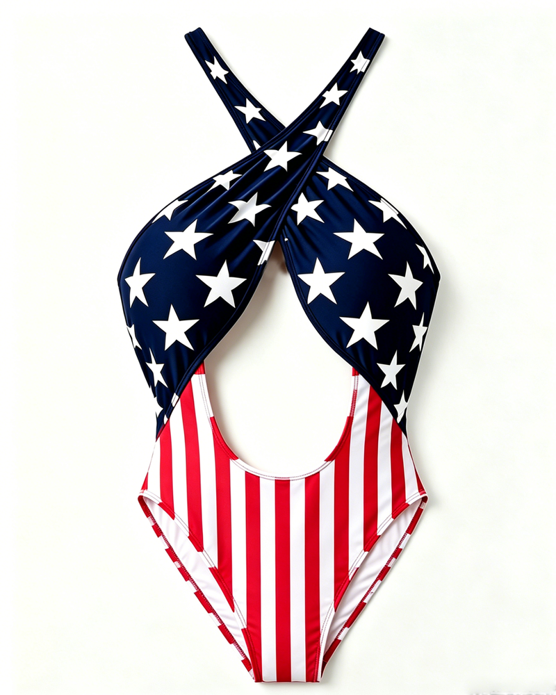 Bikini de Una Pieza con Estilo Halter y Espalda Abierta en Estampado de Estrellas y Rayas
