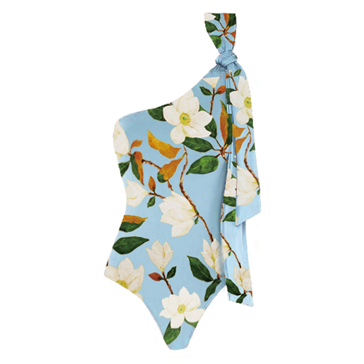 Bañador de Una Manga con Estampado de Magnolia y Falda