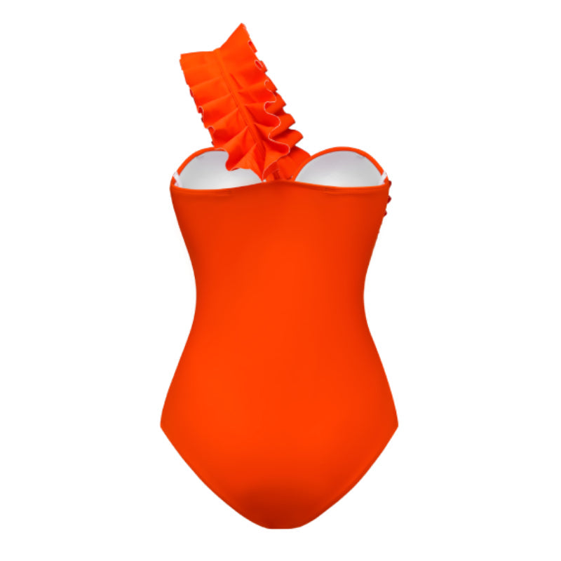 Mono de baño asimétrico con volantes y sarong naranja