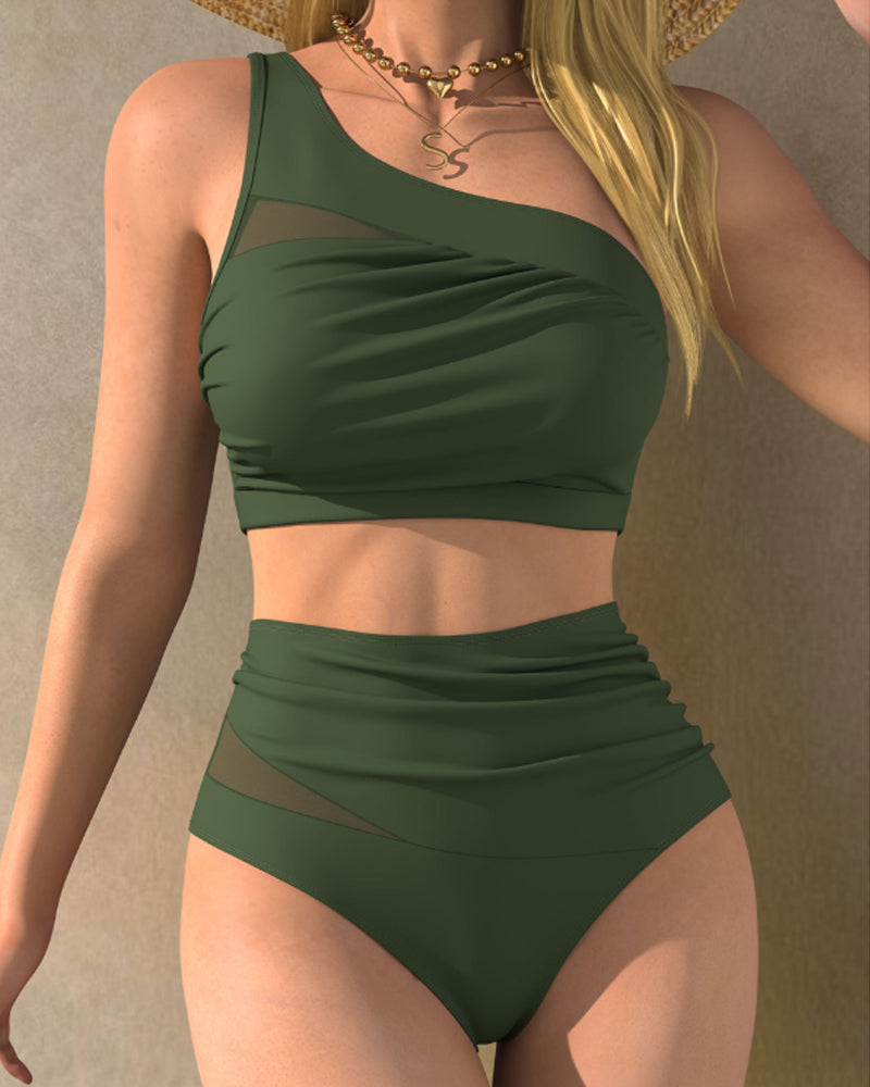 Sexy Bikini de Malla Transparente con Un Solo Hombro
