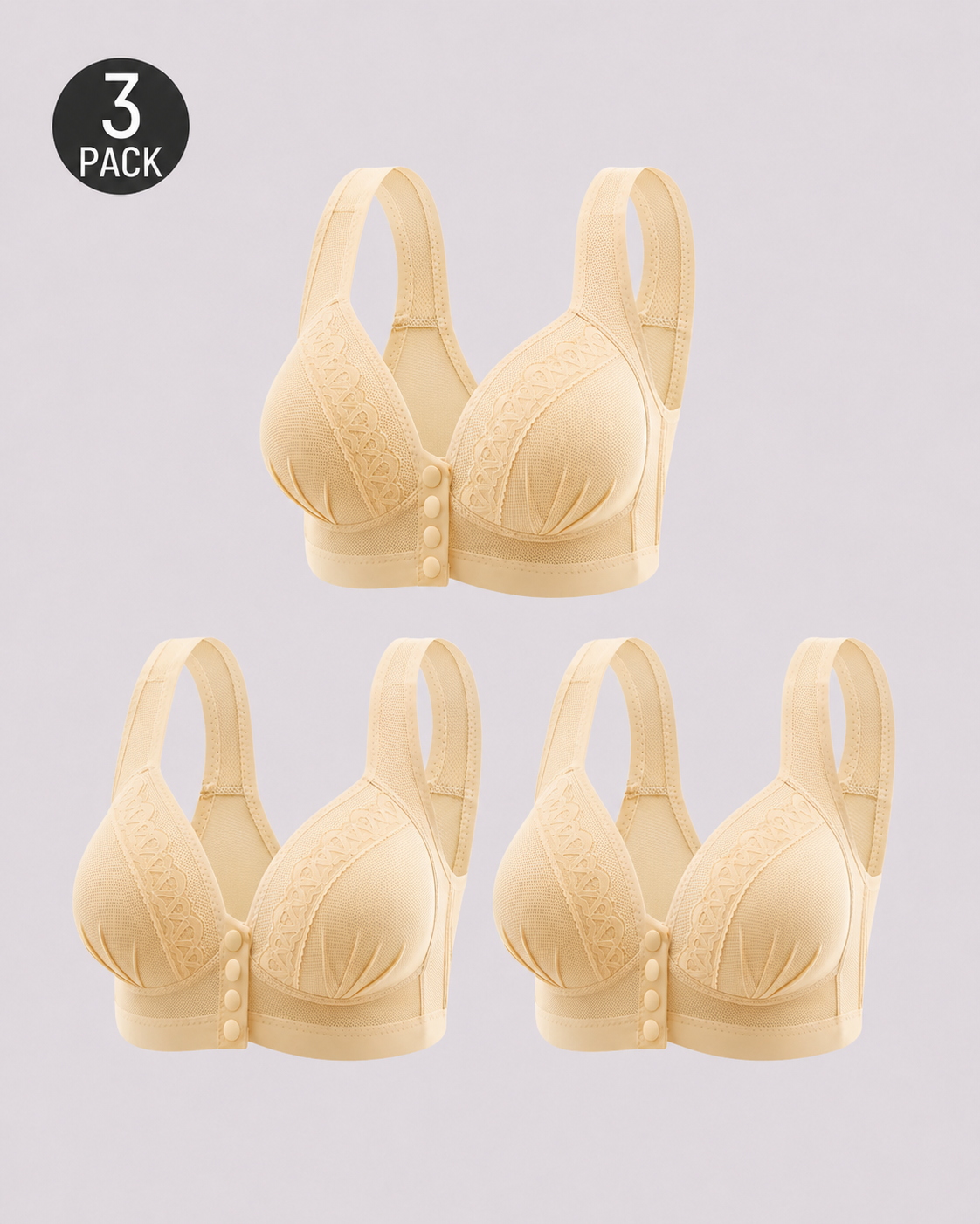 Set de Tres Sujetadores Sin Aros con Copas Completas y Cierre Frontal de Jacquard