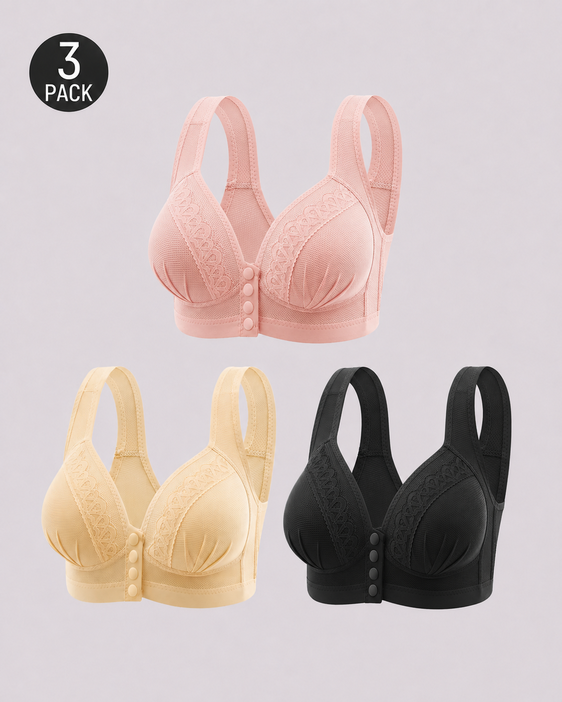 Set de Tres Sujetadores Sin Aros con Copas Completas y Cierre Frontal de Jacquard