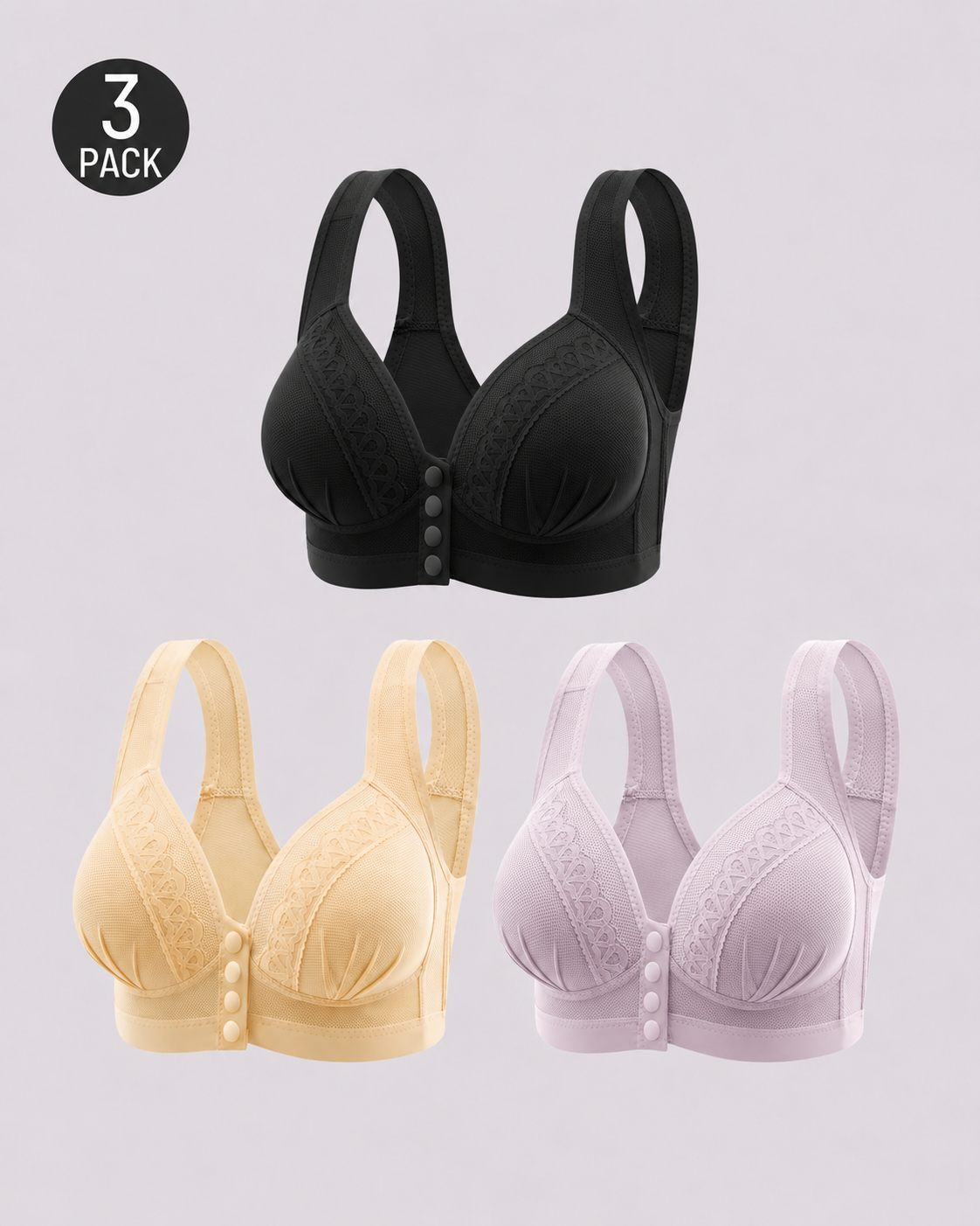 Set de Tres Sujetadores Sin Aros con Copas Completas y Cierre Frontal de Jacquard