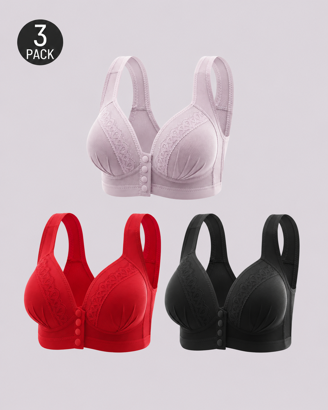Set de Tres Sujetadores Sin Aros con Copas Completas y Cierre Frontal de Jacquard