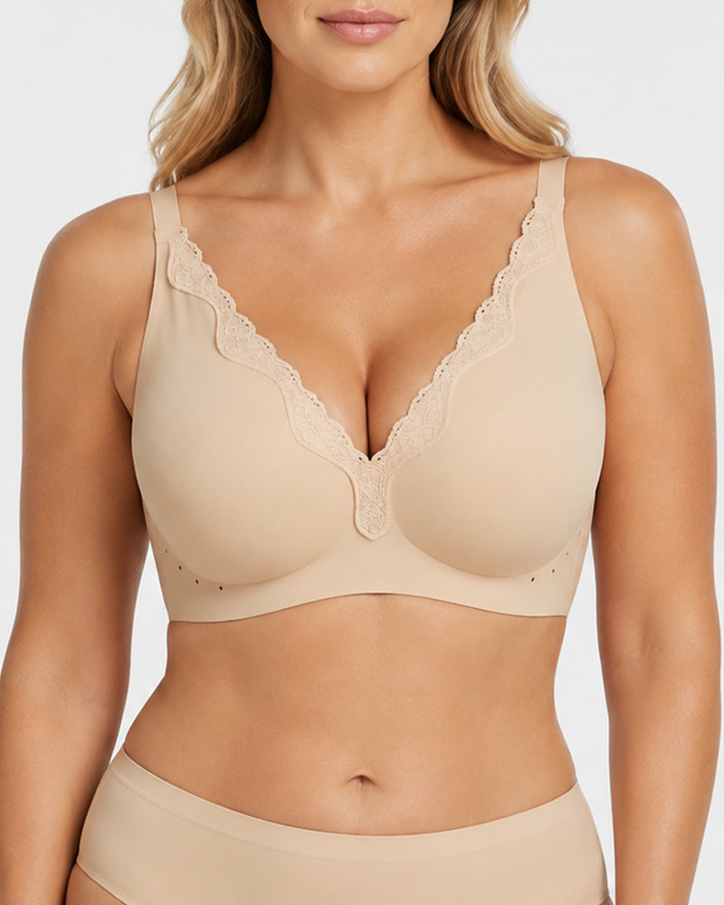 Brassiere sin costuras de encaje con escote profundo para tallas grandes, ultra cómodo
