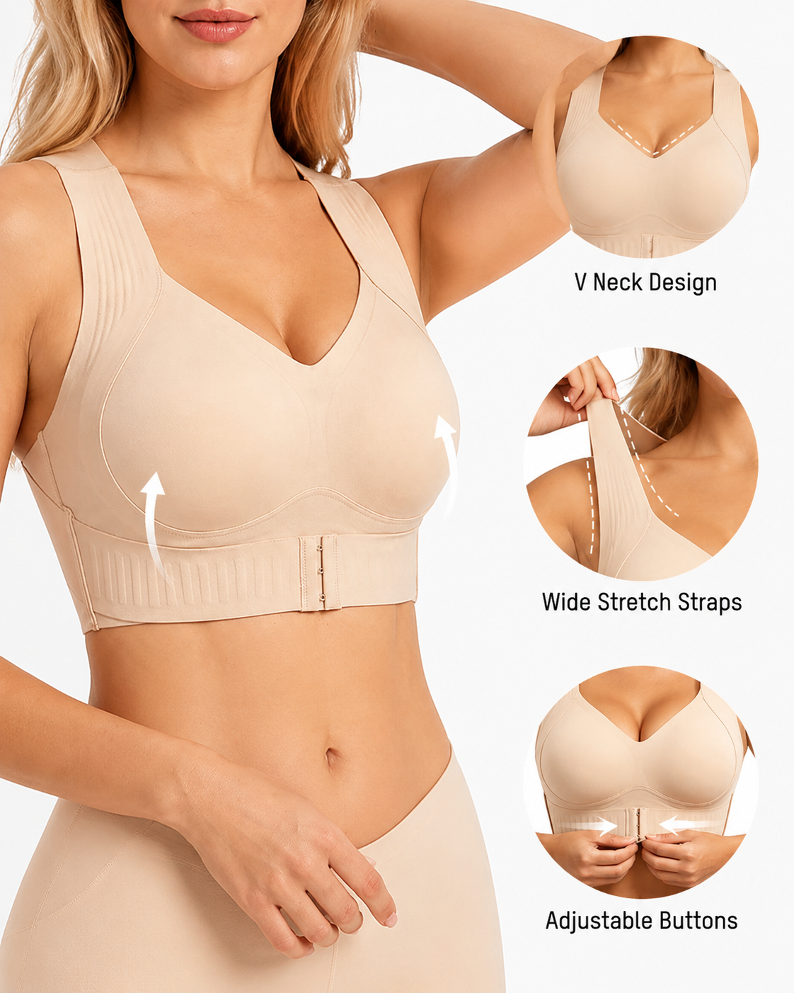 Sostén Sin Costuras con Soporte Postural, Cierre Frontal y Espalda Cruzada
