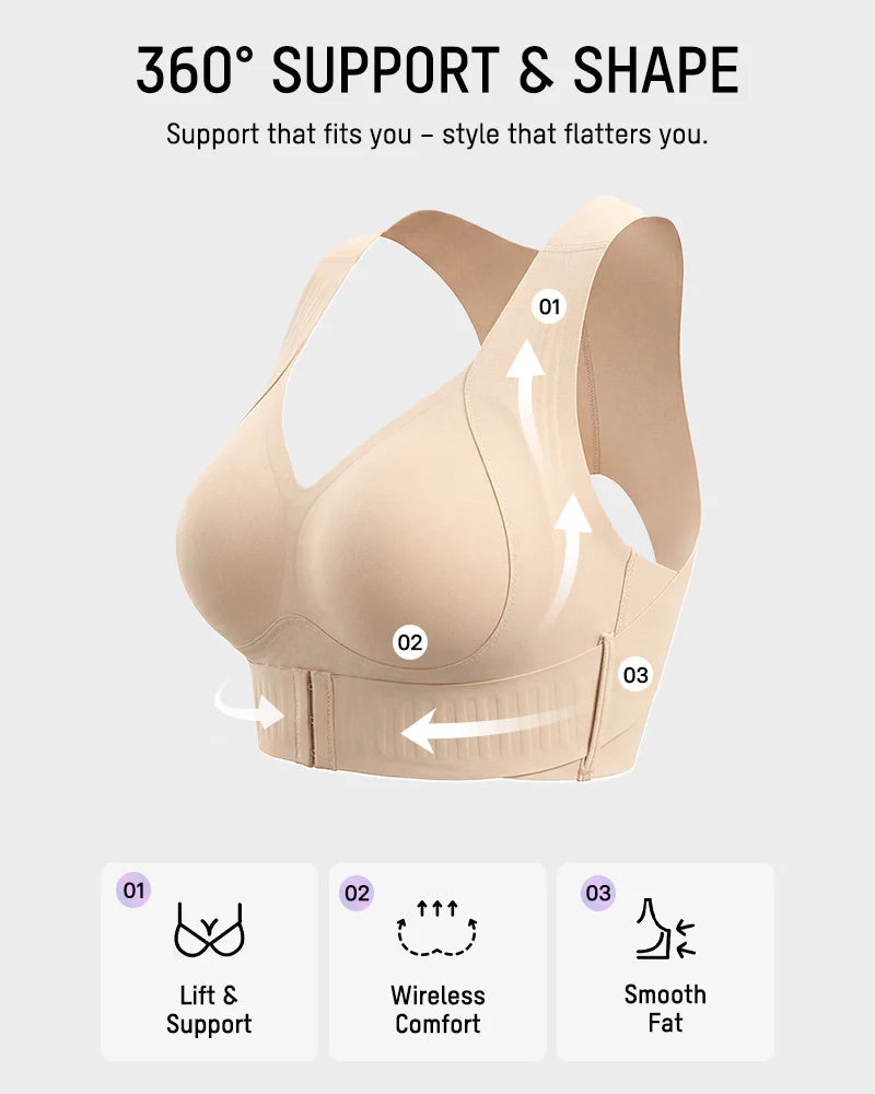 Sostén Sin Costuras con Soporte Postural, Cierre Frontal y Espalda Cruzada