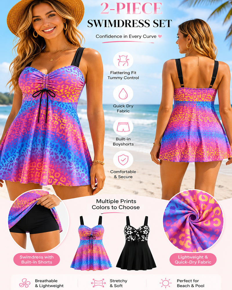 Conjunto de Baño de Dos Piezas con Vestido y Pantalones Cortos de Cuello en V Estampado