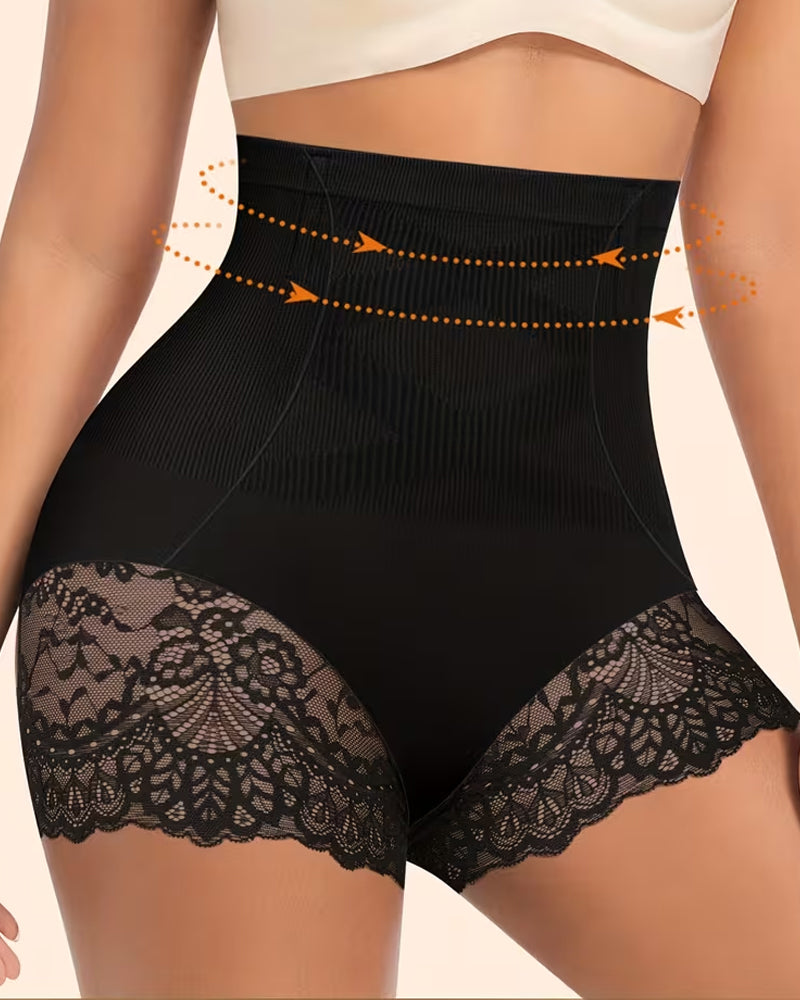 Panties de Control Abdomen y Levantamiento de Glúteos de Encaje Sin Costuras de Cintura Alta para Mujer