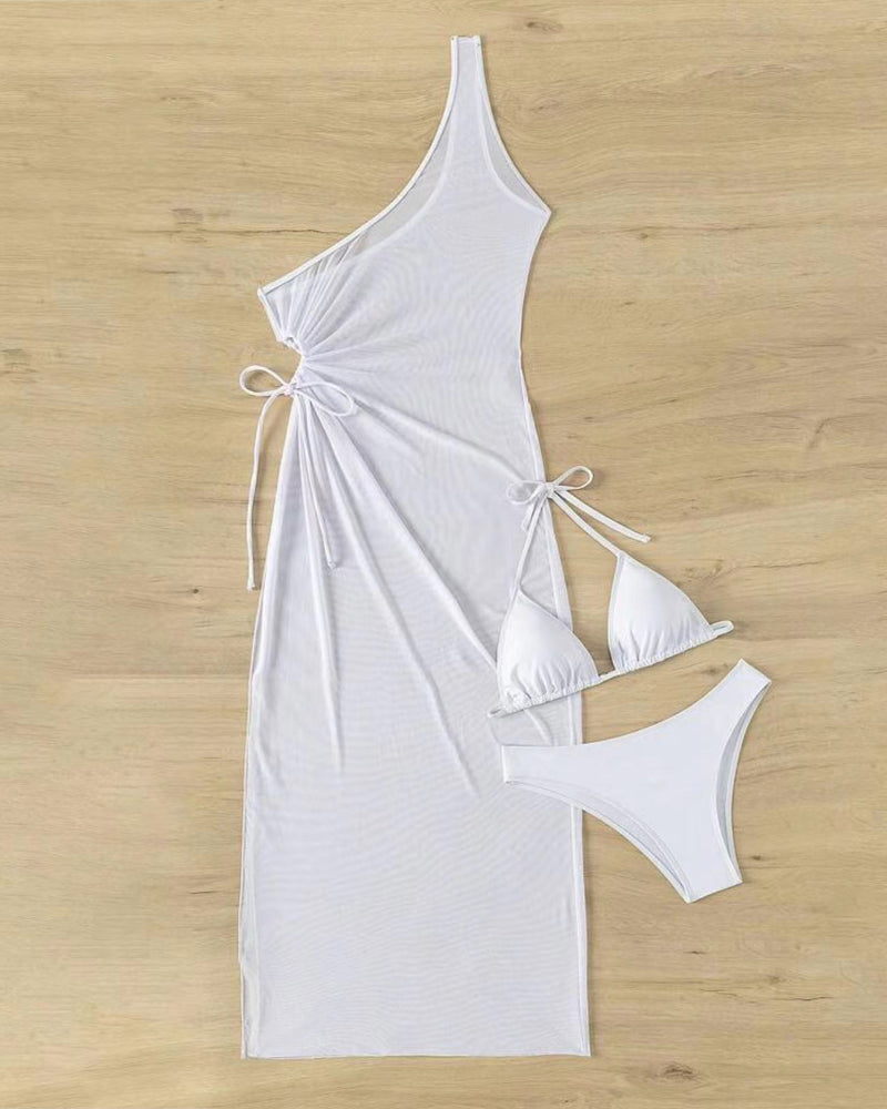 Conjunto de Bikini Halter Sólido Sexy con Cubierta Larga de Un Solo Hombro