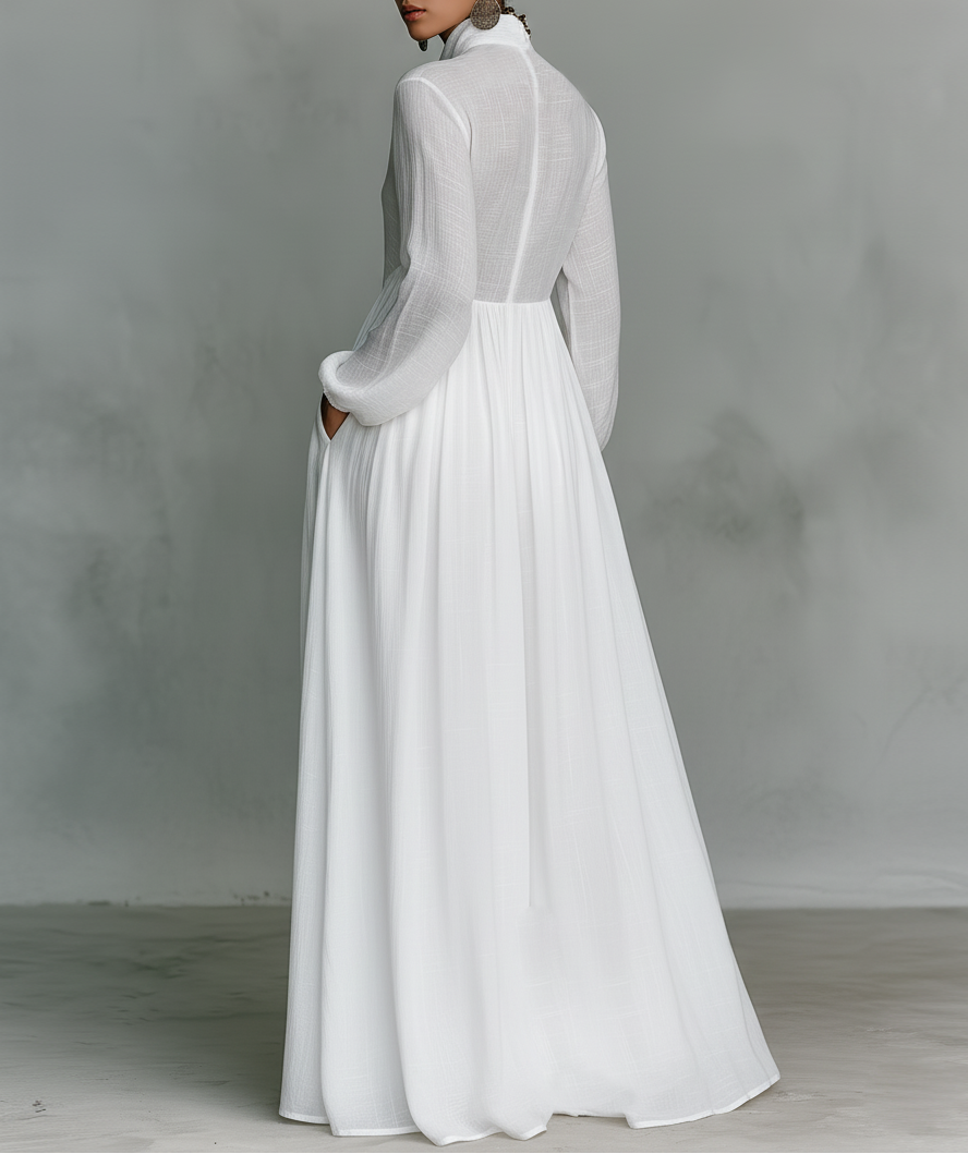 Maria | Vestido maxi minimalista de algodón y lino con cuello alto y manga larga