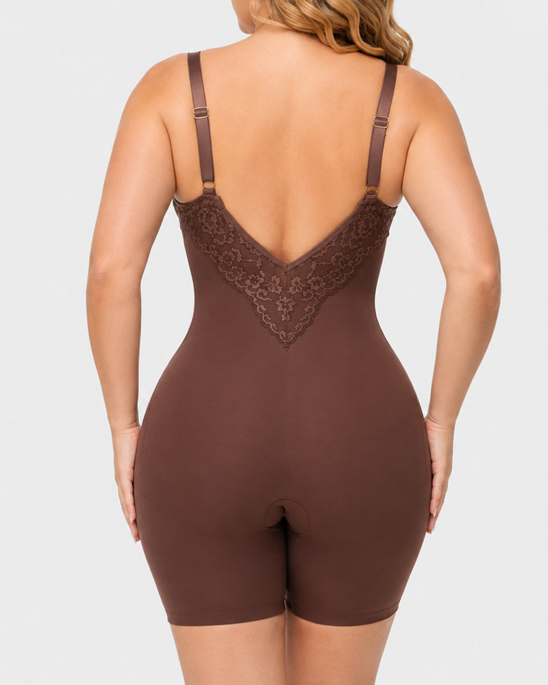Body sin costuras de encaje elástico con escote en V para mujer" can be rewritten as:

"Body de encaje elástico sin costuras con escote en V para mujer