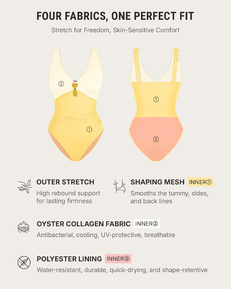 Bañador de Una Pieza con Control Abdomen y Escote en V Profundo - Color Sólido