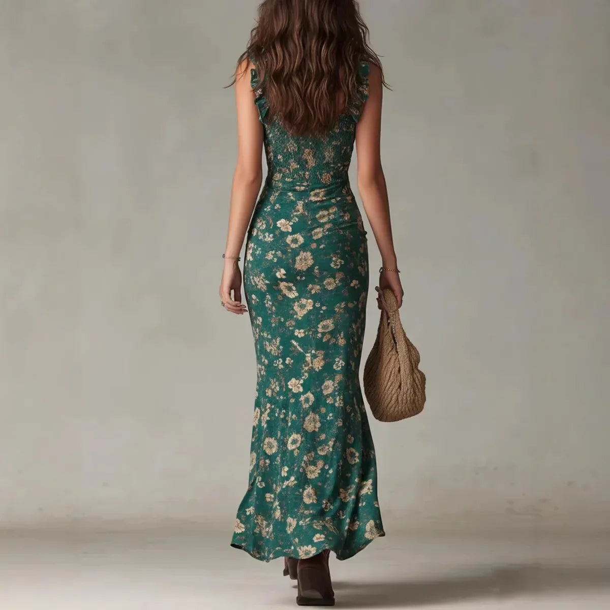 Vestido largo de estilo boho retro con mangas fruncidas y abertura alta
