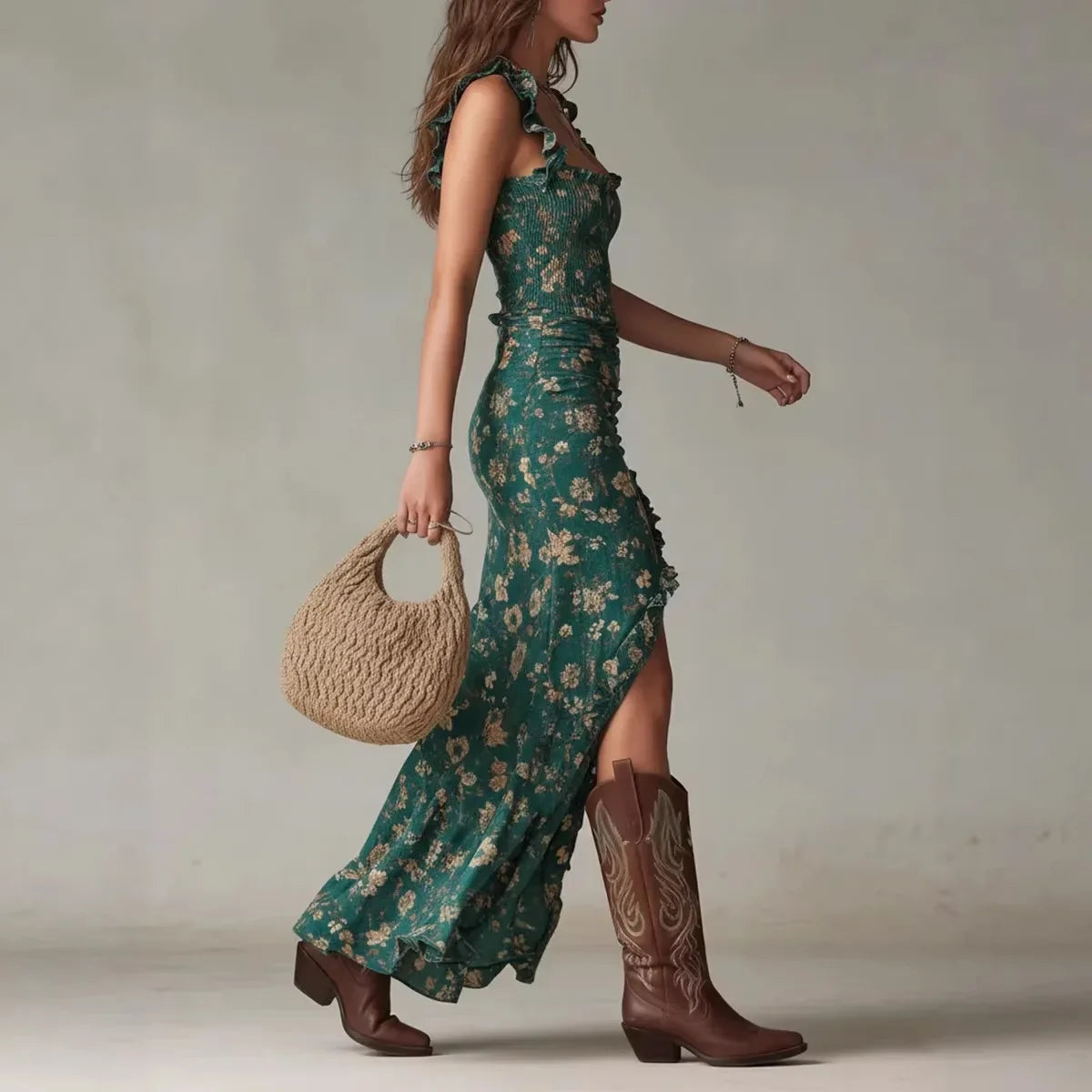 Vestido largo de estilo boho retro con mangas fruncidas y abertura alta