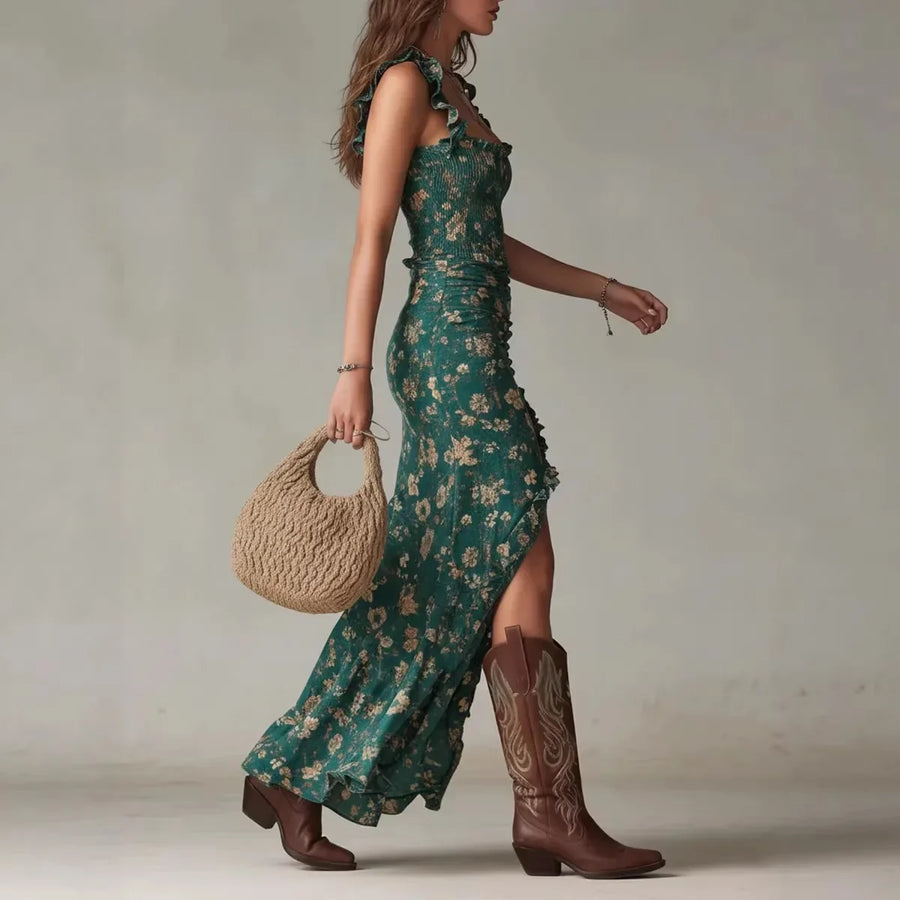 Vestido largo de estilo boho retro con mangas fruncidas y abertura alta