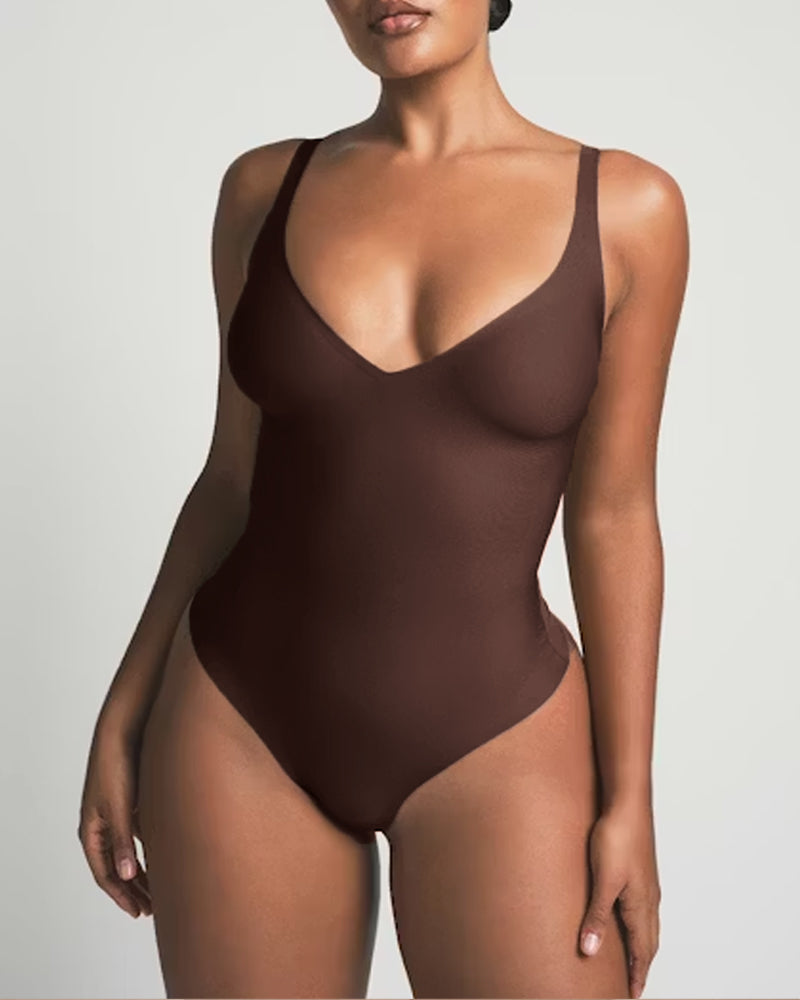 Body sin costuras de control abdominal elástico con escote en V profundo y tirantes ajustables