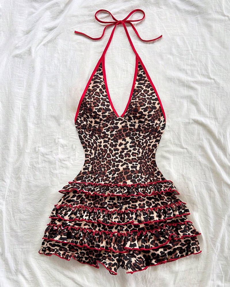 Maillot de Baño Retro de Leopardo con Escote en V y Espalda Abierta para Mujeres
