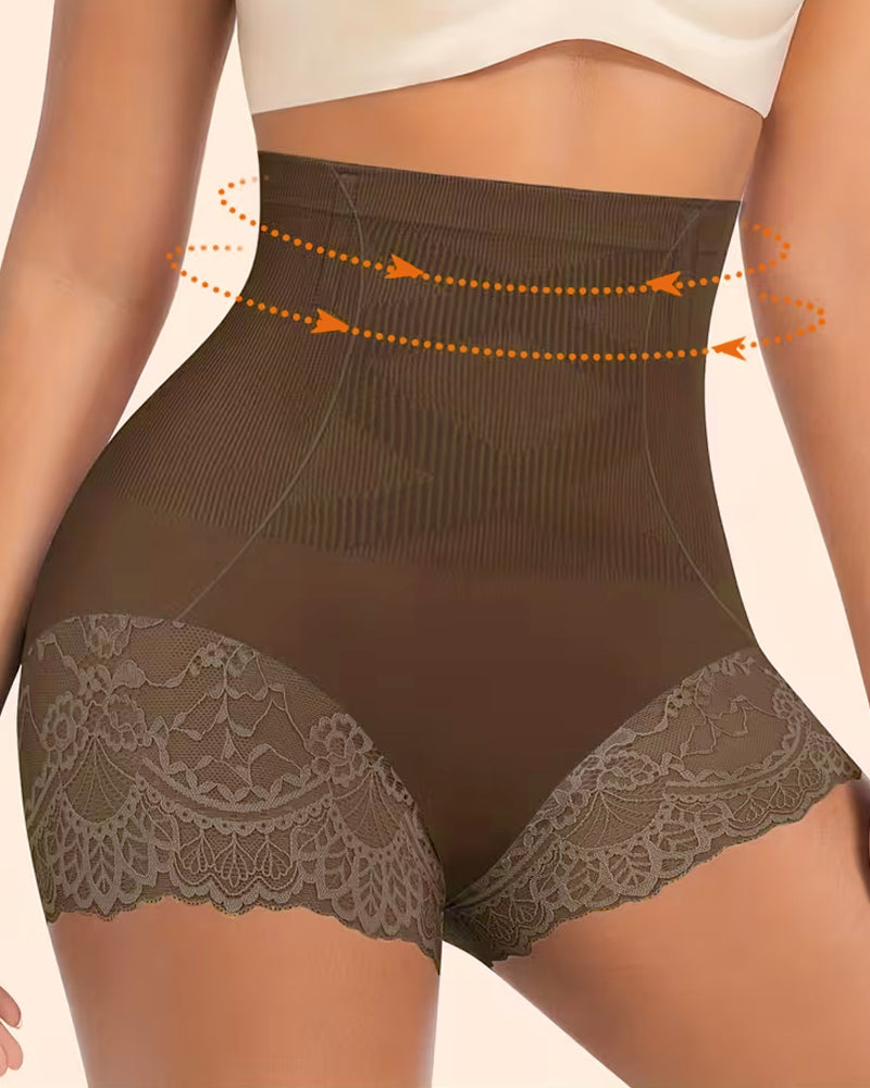 Panties de Control Abdomen y Levantamiento de Glúteos de Encaje Sin Costuras de Cintura Alta para Mujer