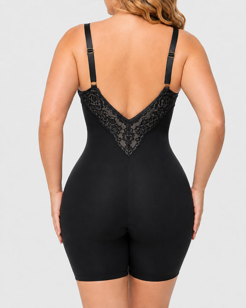 Body sin costuras de encaje elástico con escote en V para mujer" can be rewritten as:

"Body de encaje elástico sin costuras con escote en V para mujer