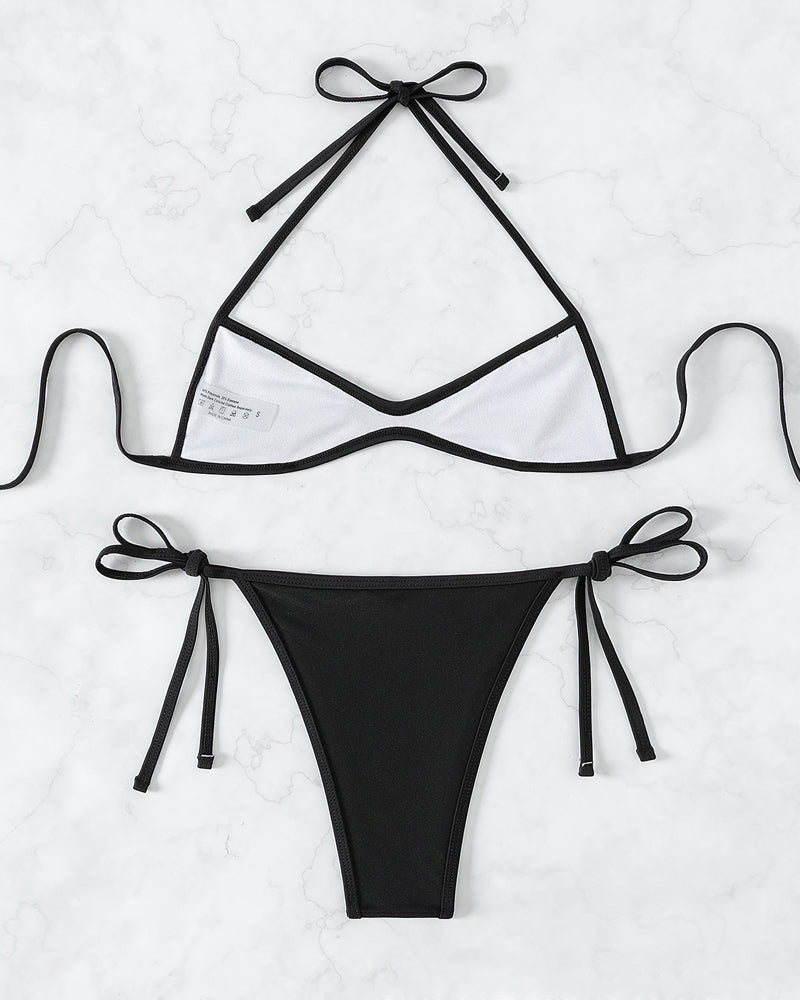 Bikini de Playa Mini Plisado con Cuello Halter en Color Sólido Sexy