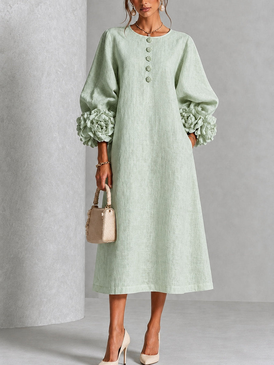 Vestido Midi Salvia Místico con Botones de Flor y Mangas Florales Extravagantes