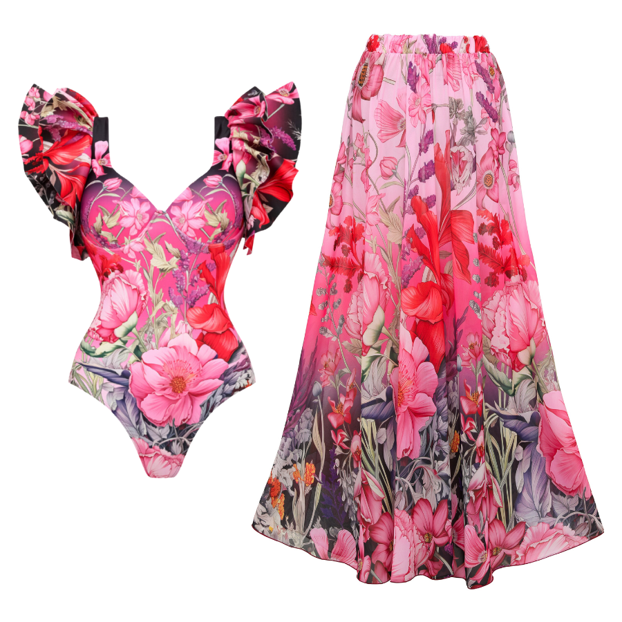 Traje de Baño de Una Pieza con Estampado Floral Arrugado y Sarong