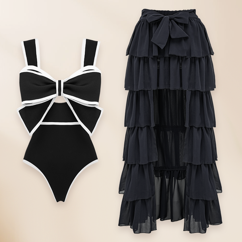 Traje de Baño de Una Pieza con Falda y Lazo en Blanco y Negro