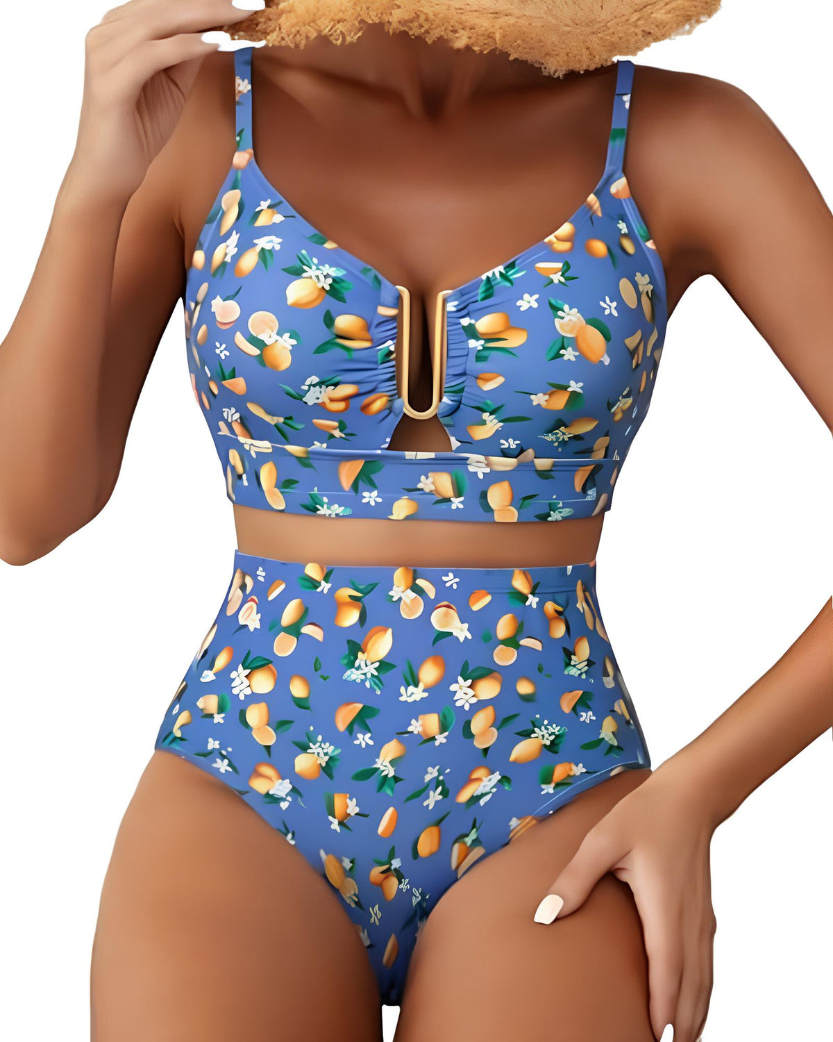 Bikini floral de talle alto con control abdominal y escote en V para mujer