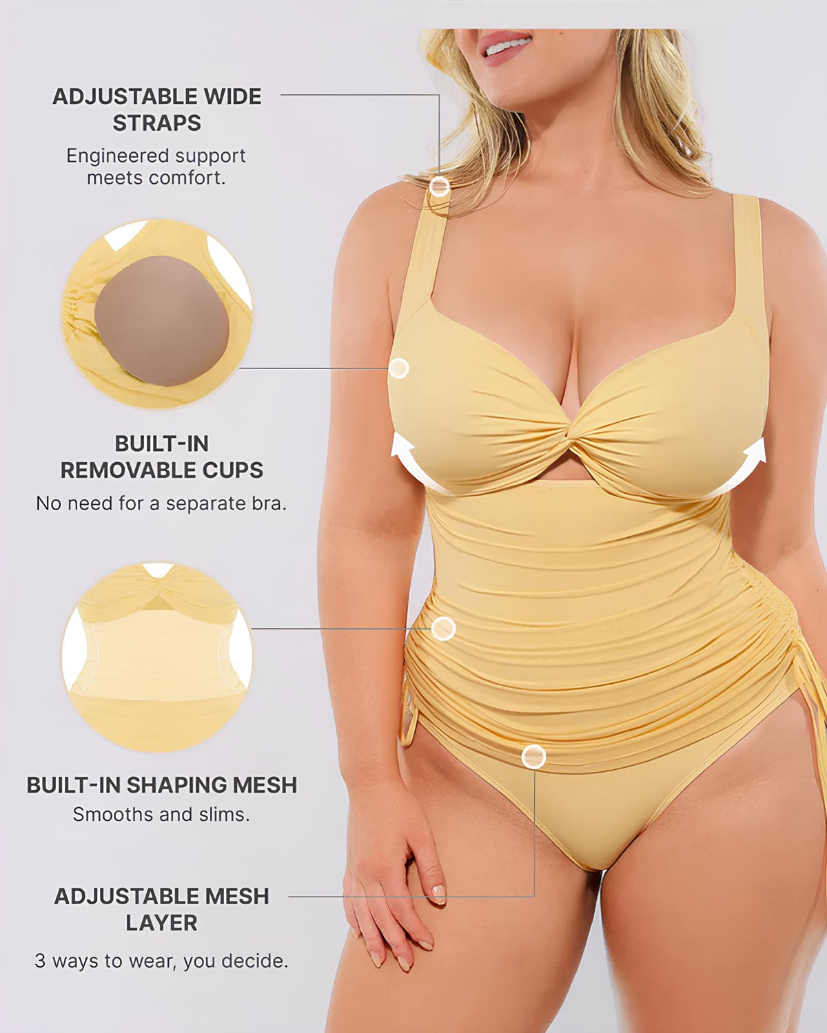 Traje de baño de una pieza con envoltura de malla elástica y escote en V