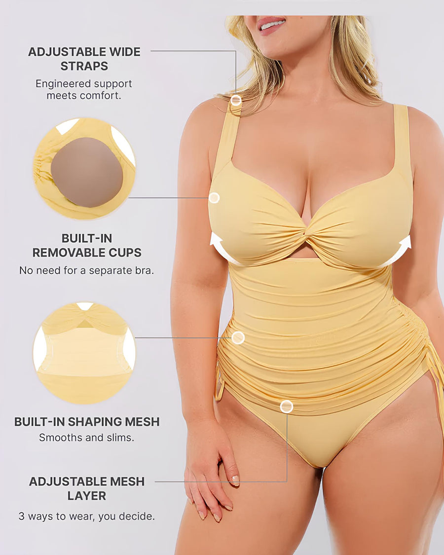 Traje de baño de una pieza con envoltura de malla elástica y escote en V