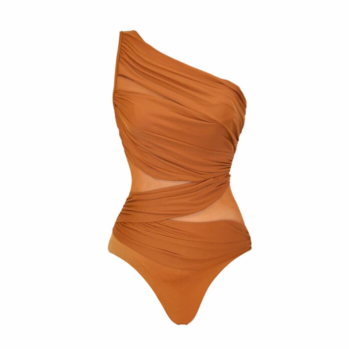 Traje de Baño de Un Hombro Arrugado en Color Óxido con Sarong Transparente