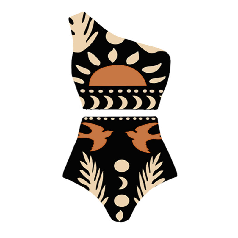 Bikini de un solo hombro con pantalones o falda de cintura alta