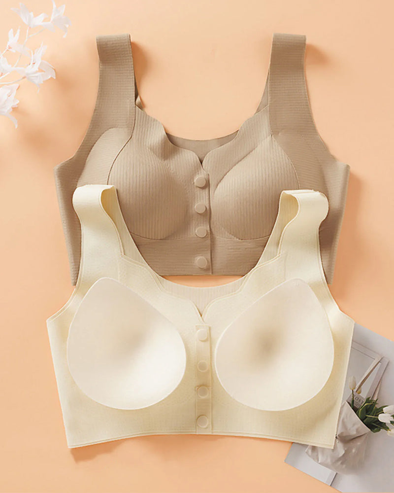Sujetador sin costuras con cierre frontal en V para mujer, cómodo y transpirable" 

Rewritten: "Sujetador sin costuras con cierre en V frontal para mujer, idealmente cómodo y transpirable