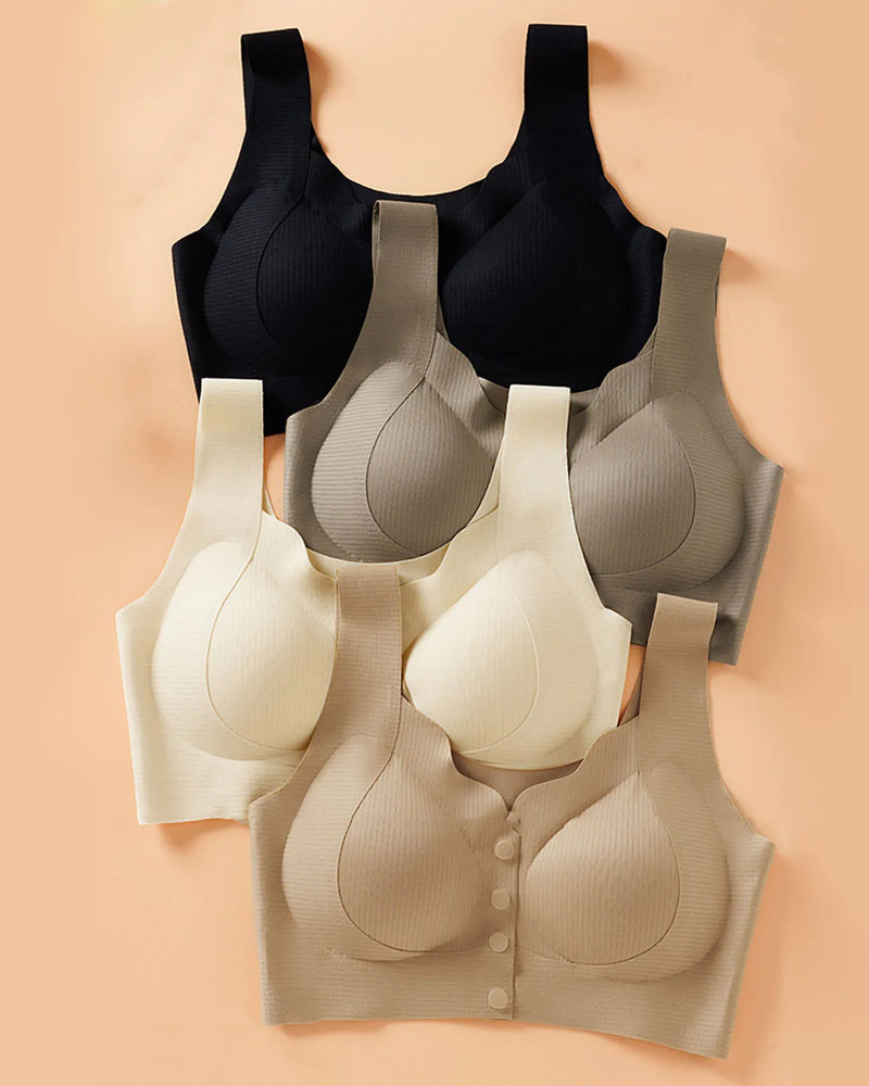 Sujetador sin costuras con cierre frontal en V para mujer, cómodo y transpirable" 

Rewritten: "Sujetador sin costuras con cierre en V frontal para mujer, idealmente cómodo y transpirable