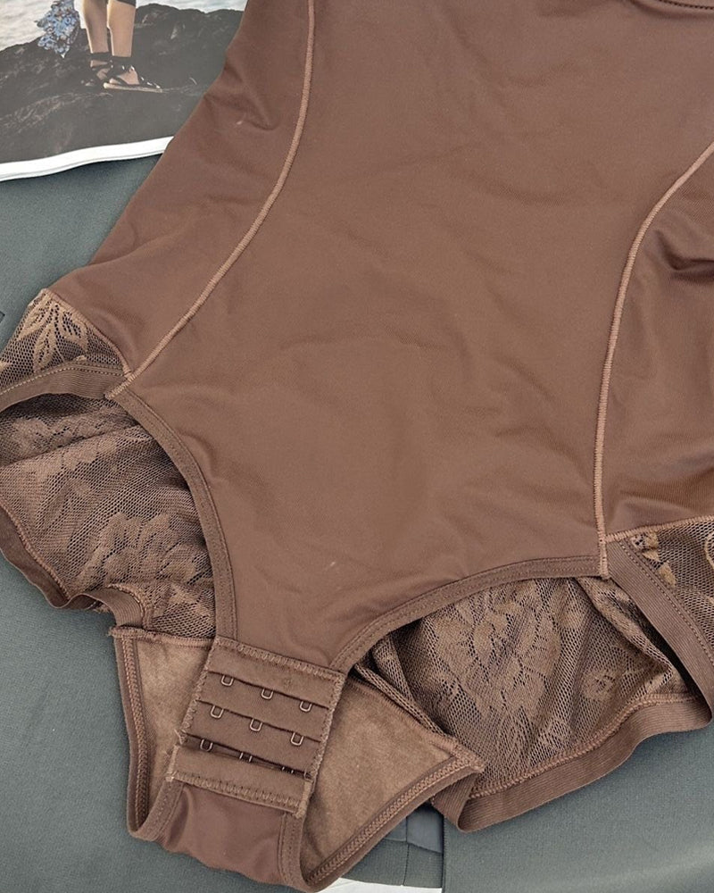 Top sin mangas para mujer con control abdominal y detalles de encaje en la cadera