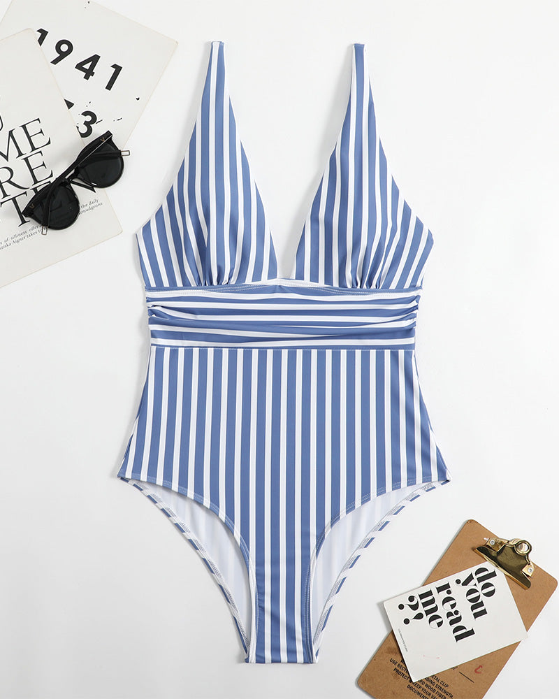 Traje de Baño de Rayas con Escote Profundo