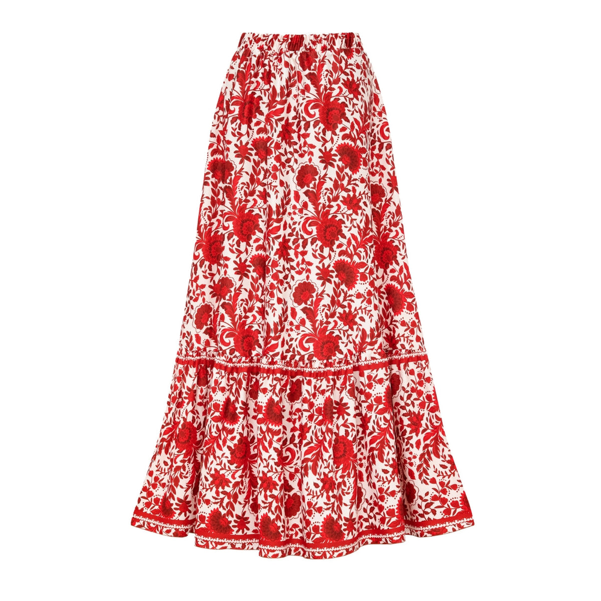Traje de baño de una pieza con falda y estampado floral en rojo con volantes