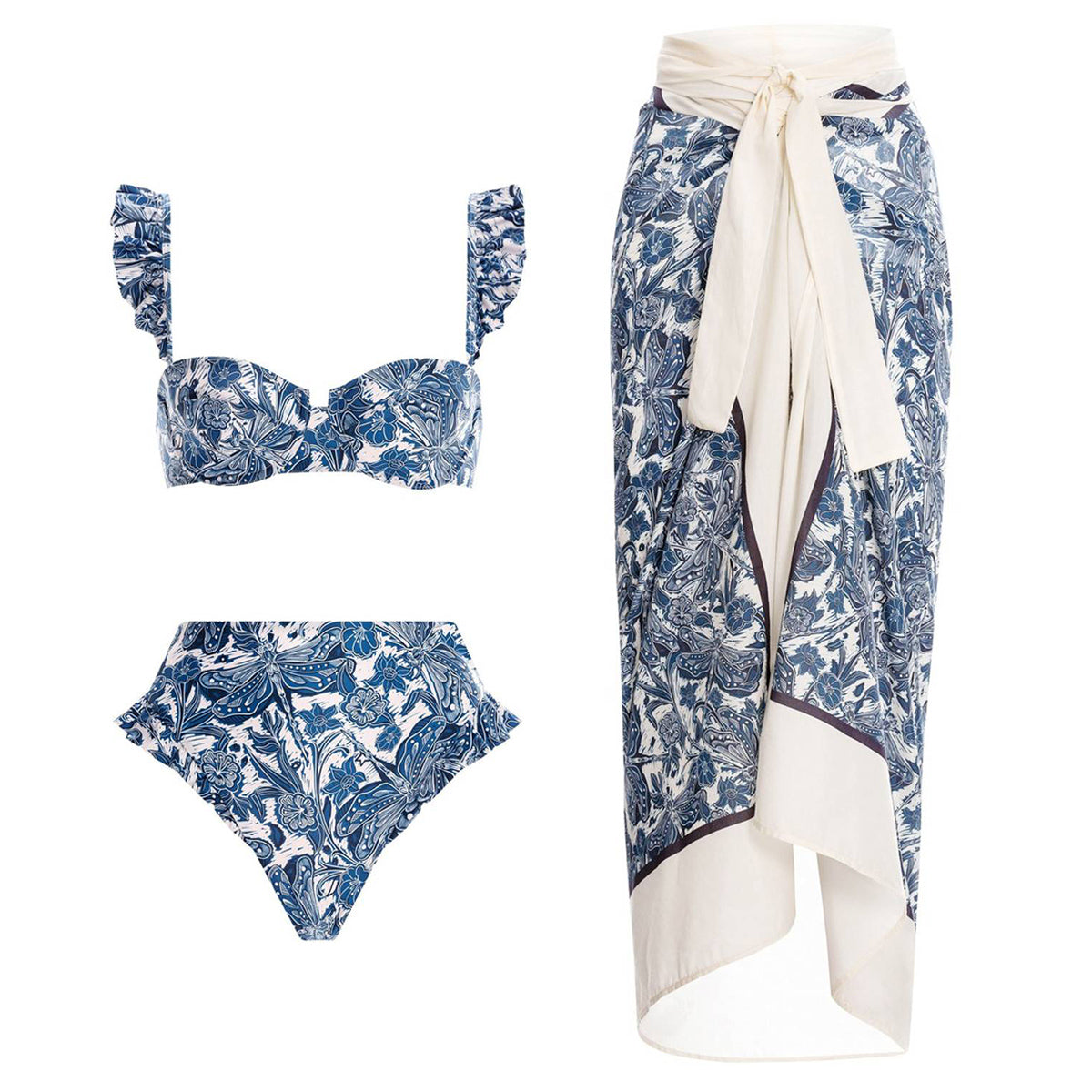Conjunto de Bañador y Sarong con Diseño de Libélula Azul