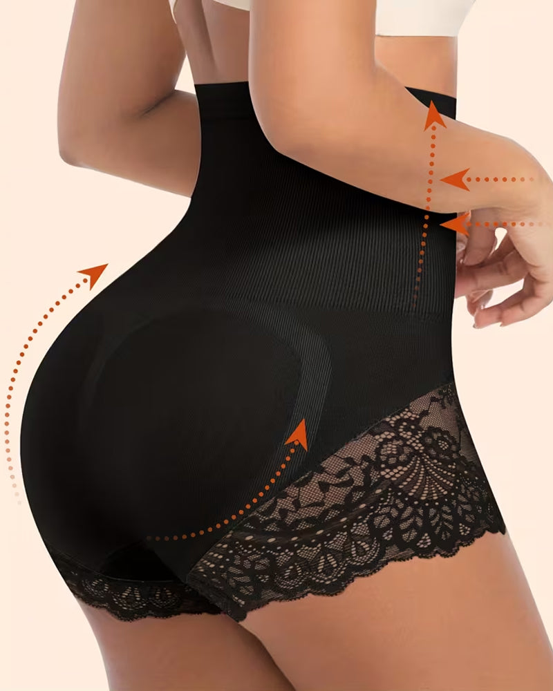 Panties de Control Abdomen y Levantamiento de Glúteos de Encaje Sin Costuras de Cintura Alta para Mujer
