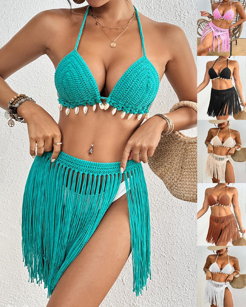 Conjunto de Dos Piezas: Falda con Borlas Artesanales y Top de Bikini