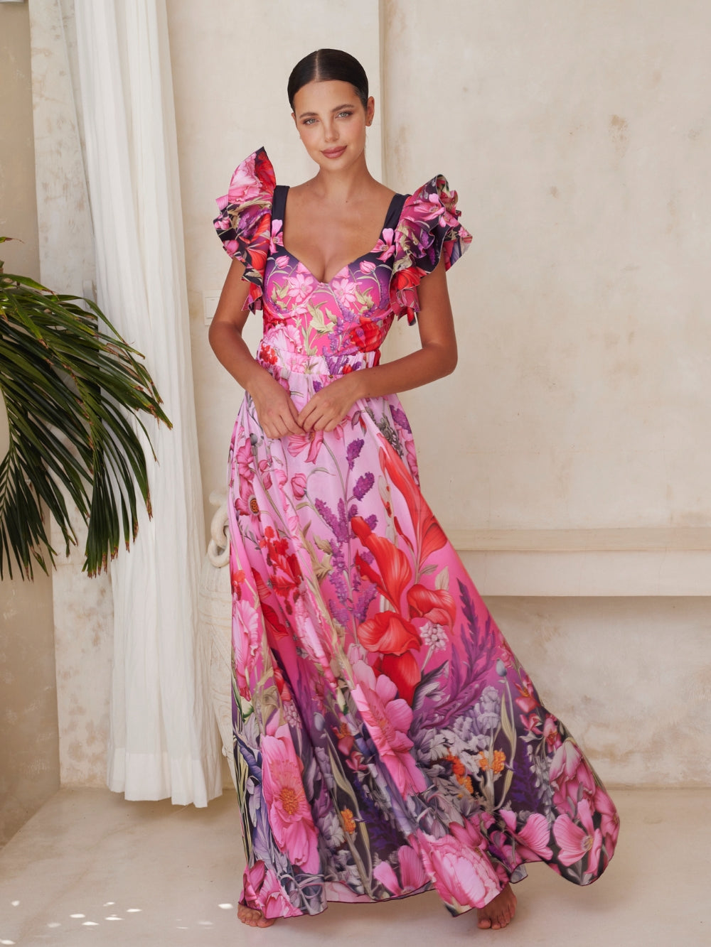 Traje de Baño de Una Pieza con Estampado Floral Arrugado y Sarong